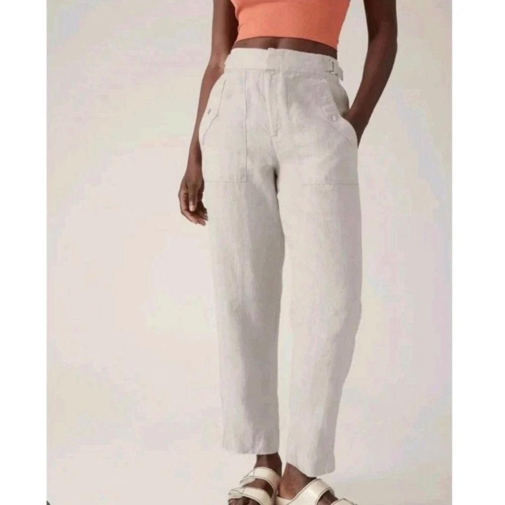 Athleta Voyager Linen Trousers Womens 4‎ Beige Tapered Pants Utility Pockets